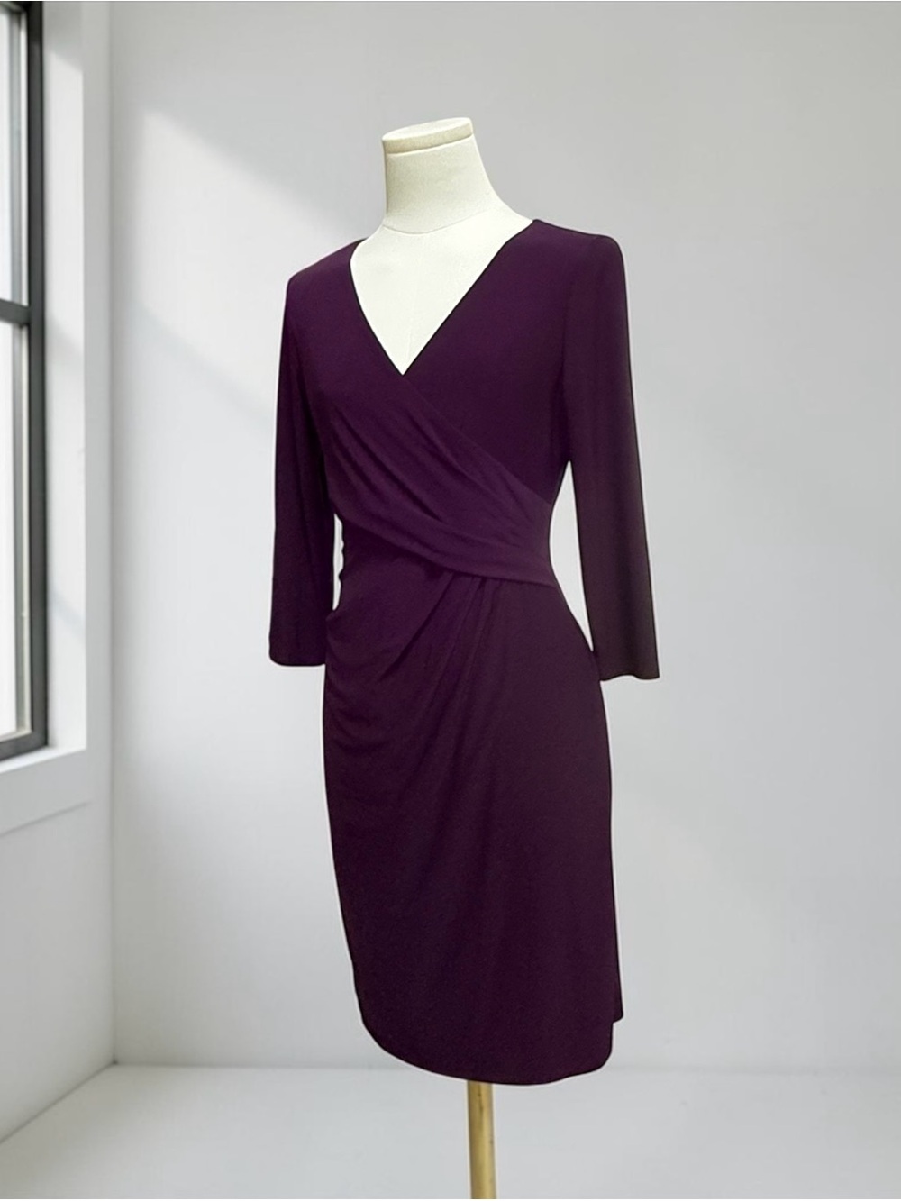 NWOT Lauren Ralph Lauren Plum Rouched Faux Wrap Sheath Dress! 8P Petite - Picture 3 of 7